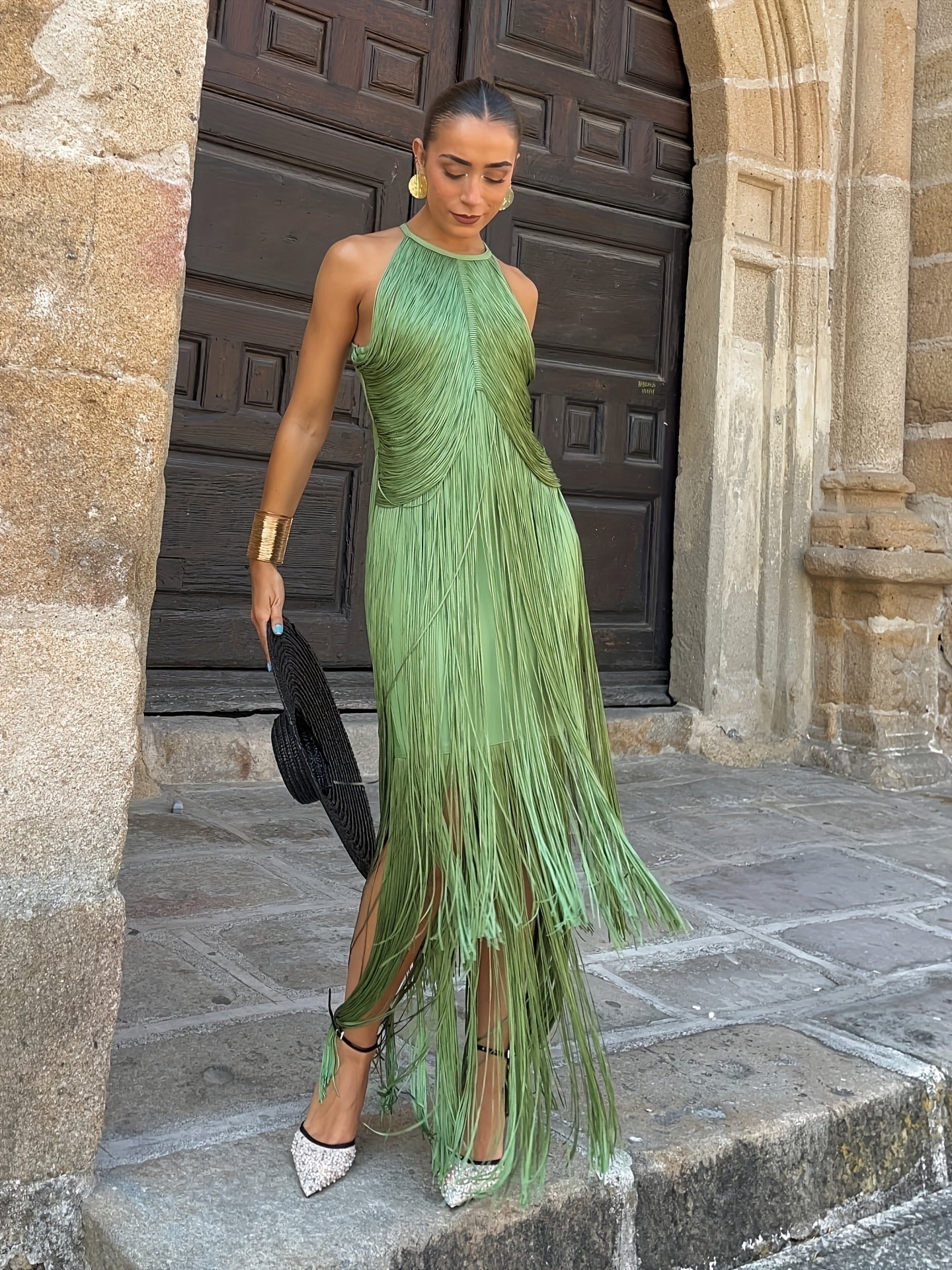 Encarna | Vestido de Fiesta Largo con Flecos Mujer Cuello Halter