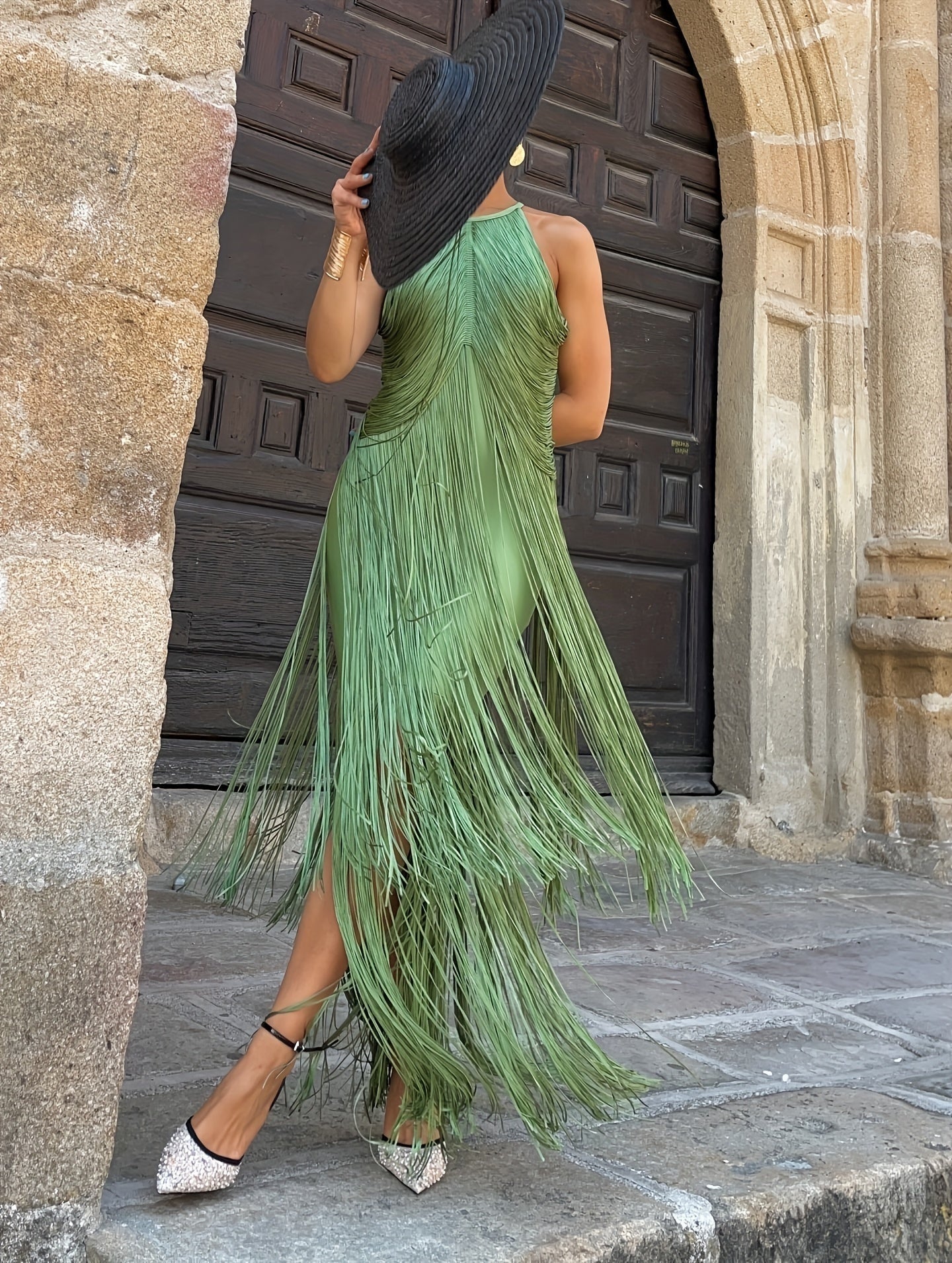 Encarna | Vestido de Fiesta Largo con Flecos Mujer Cuello Halter