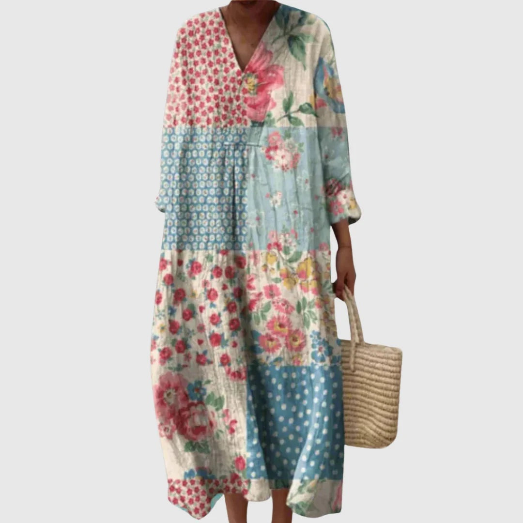 Esther | Vestido Largo de Verano Geométrico Estampado Patchwork Mujer Escote V