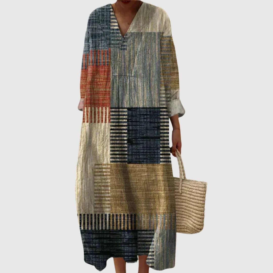 Esther | Vestido Largo de Verano Geométrico Estampado Patchwork Mujer Escote V