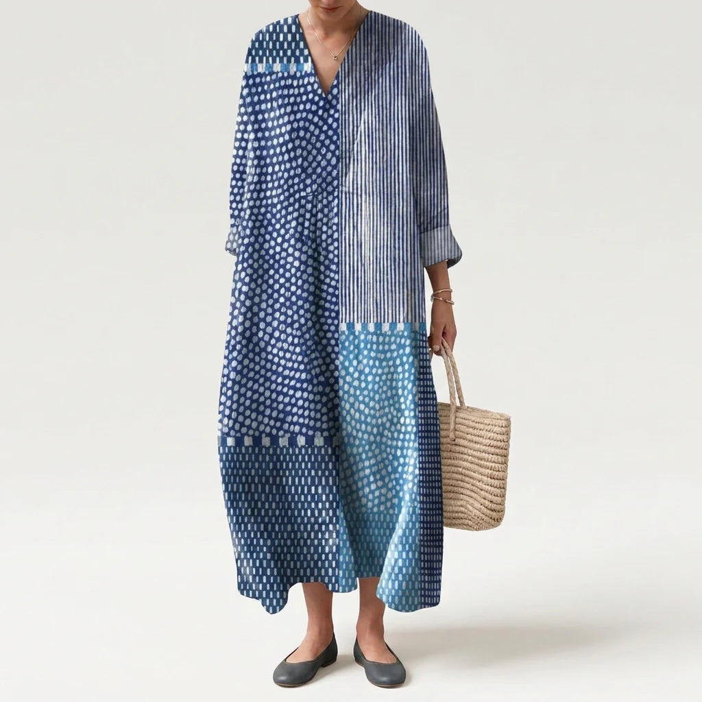 Esther | Vestido Largo de Verano Geométrico Estampado Patchwork Mujer Escote V
