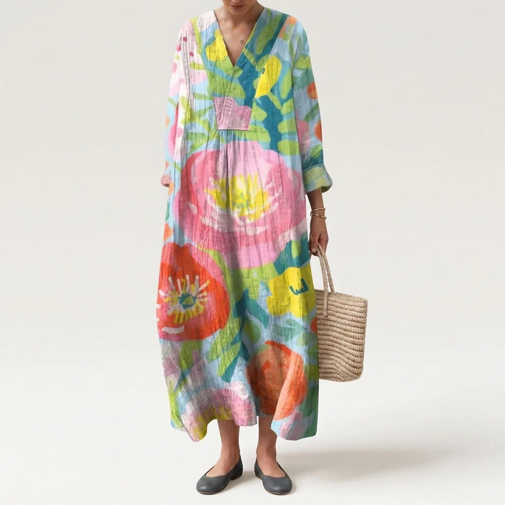 Esther | Vestido Largo de Verano Geométrico Estampado Patchwork Mujer Escote V