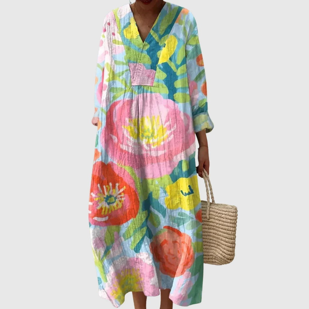 Esther | Vestido Largo de Verano Geométrico Estampado Patchwork Mujer Escote V