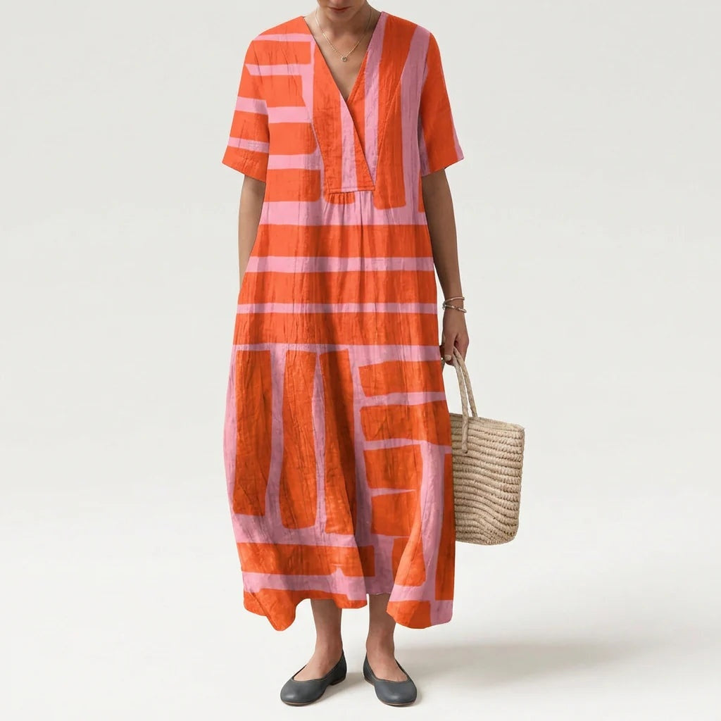 Esther | Vestido Largo de Verano Geométrico Estampado Patchwork Mujer Escote V