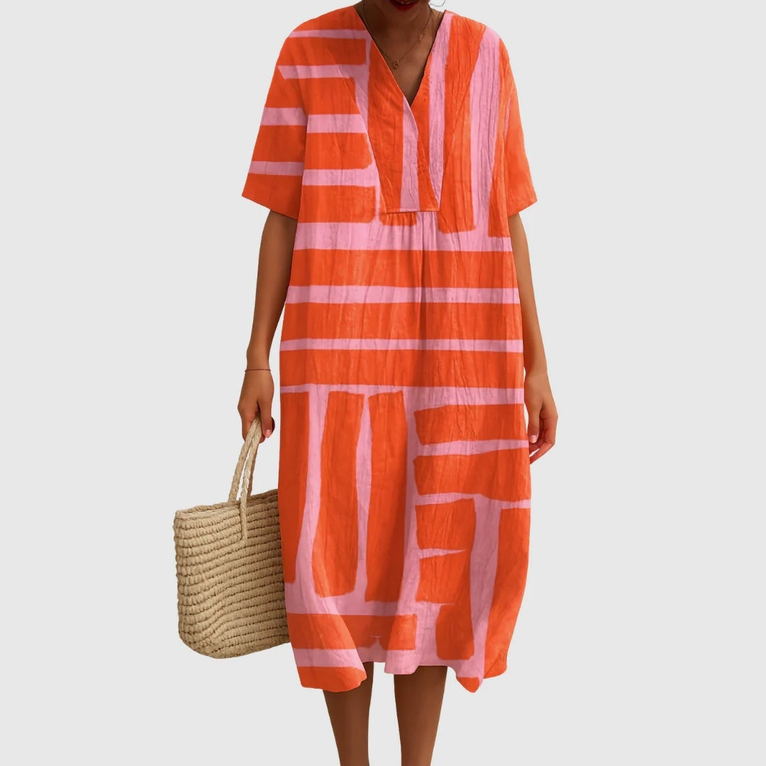 Esther | Vestido Largo de Verano Geométrico Estampado Patchwork Mujer Escote V