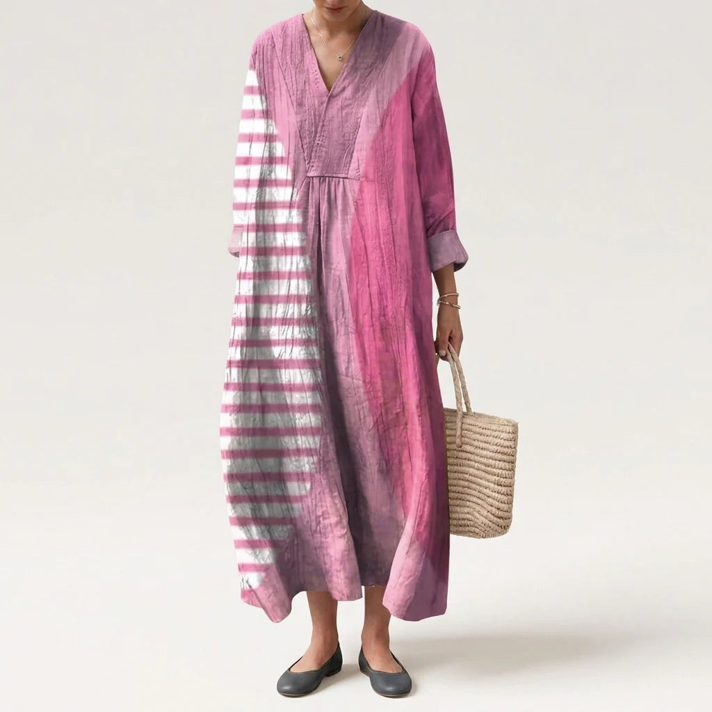Esther | Vestido Largo de Verano Geométrico Estampado Patchwork Mujer Escote V