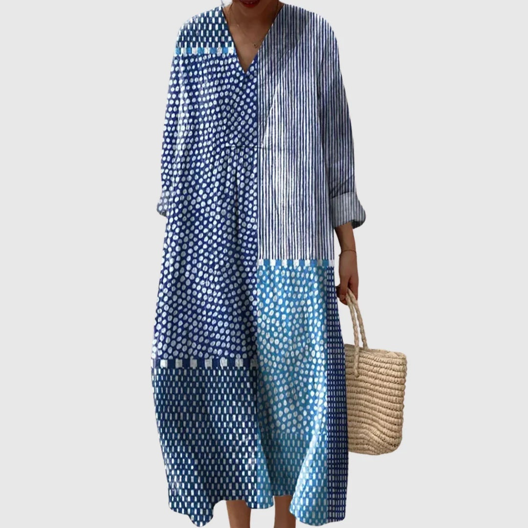 Esther | Vestido Largo de Verano Geométrico Estampado Patchwork Mujer Escote V