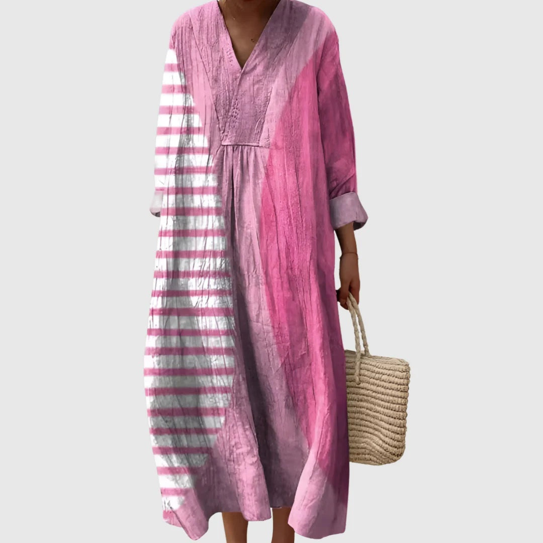 Esther | Vestido Largo de Verano Geométrico Estampado Patchwork Mujer Escote V