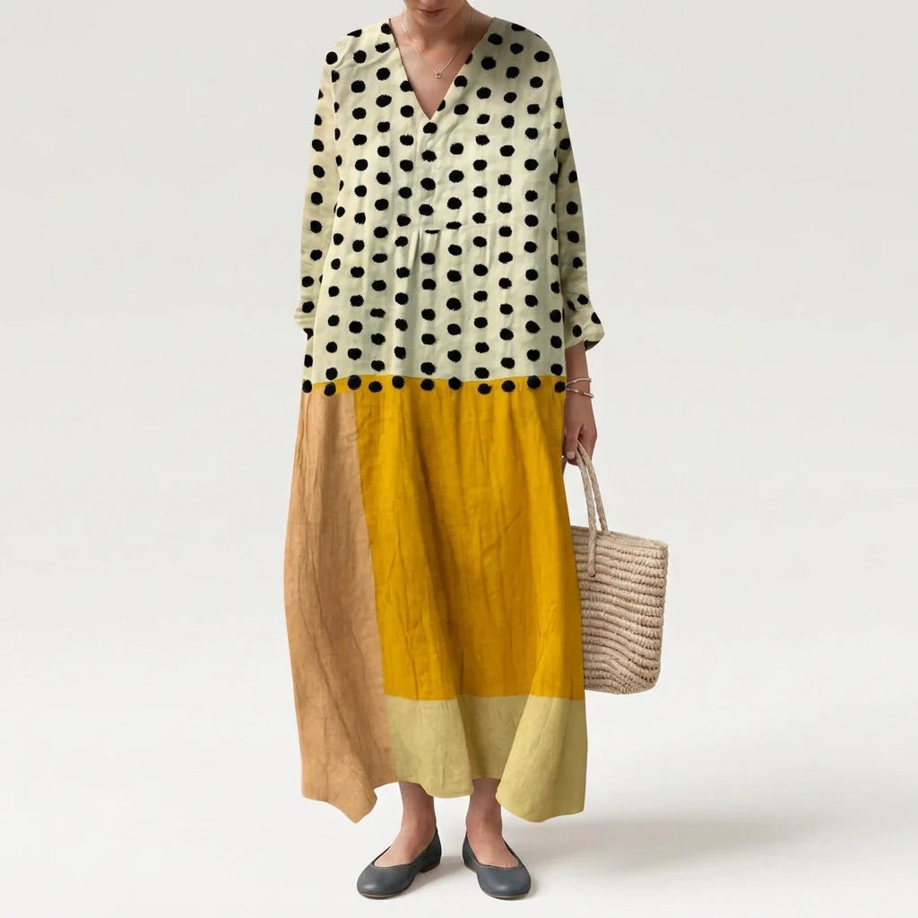 Esther | Vestido Largo de Verano Geométrico Estampado Patchwork Mujer Escote V
