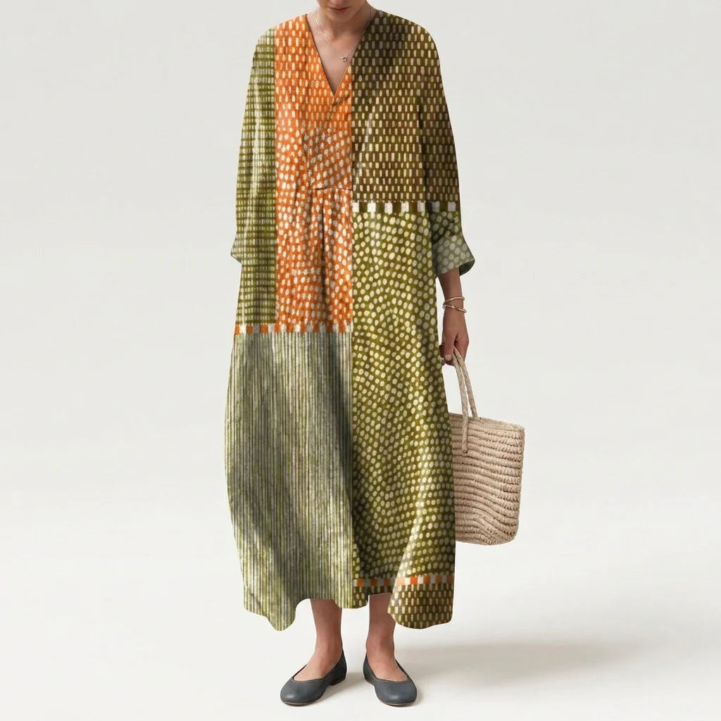Esther | Vestido Largo de Verano Geométrico Estampado Patchwork Mujer Escote V