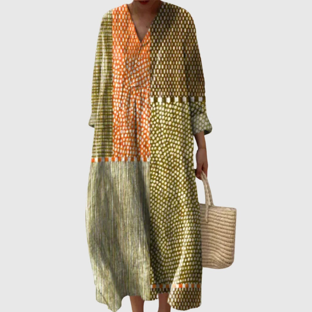 Esther | Vestido Largo de Verano Geométrico Estampado Patchwork Mujer Escote V