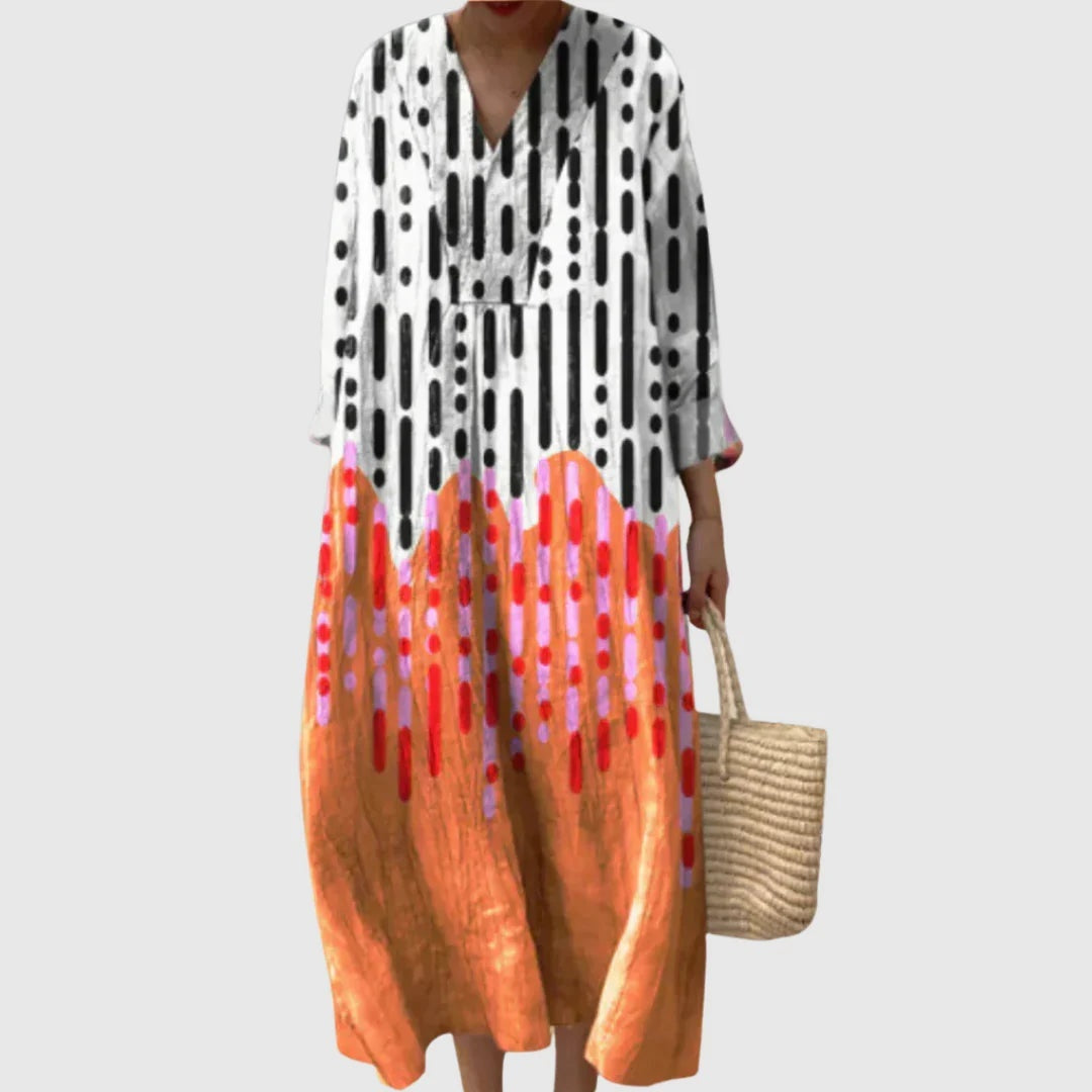 Esther | Vestido Largo de Verano Geométrico Estampado Patchwork Mujer Escote V