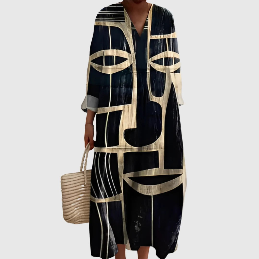 Esther | Vestido Largo de Verano Geométrico Estampado Patchwork Mujer Escote V