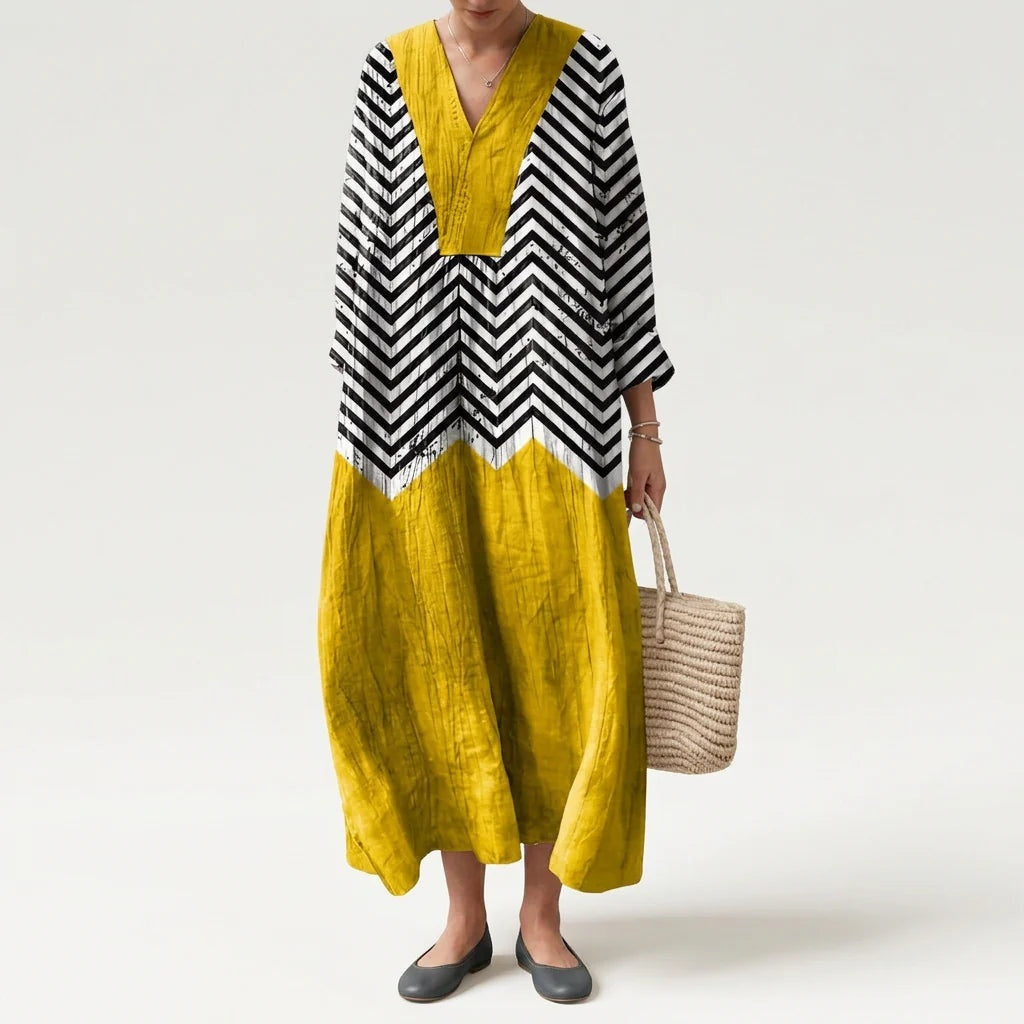 Esther | Vestido Largo de Verano Geométrico Estampado Patchwork Mujer Escote V