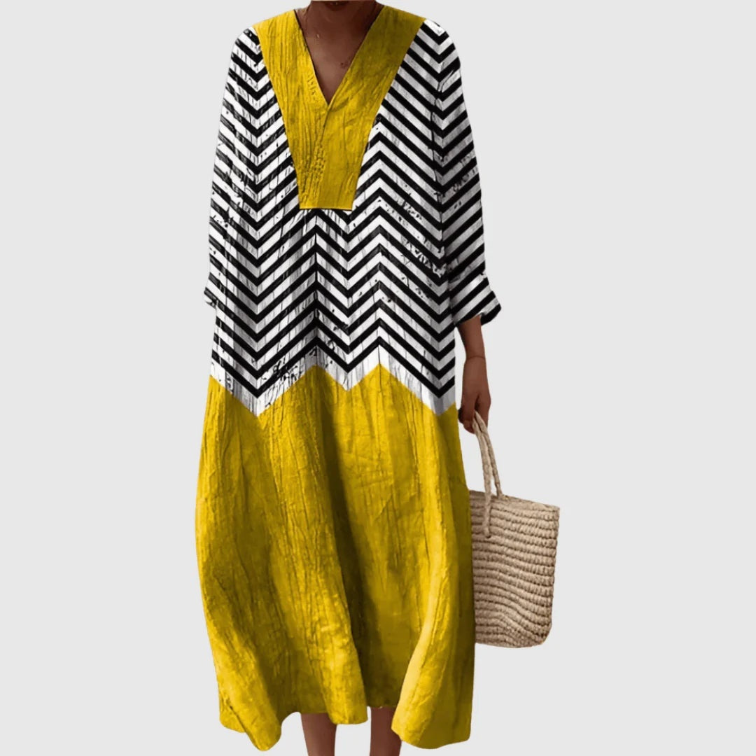 Esther | Vestido Largo de Verano Geométrico Estampado Patchwork Mujer Escote V