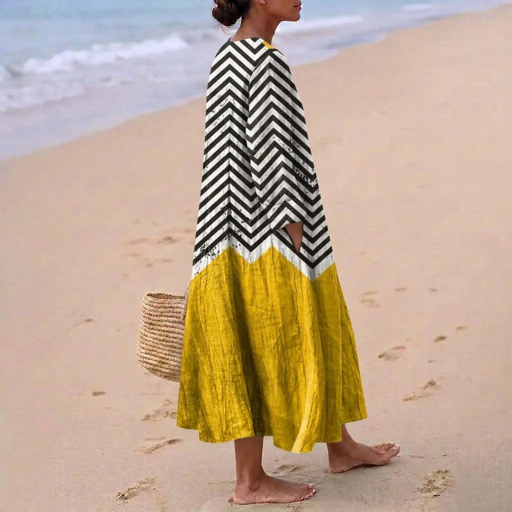 Esther | Vestido Largo de Verano Geométrico Estampado Patchwork Mujer Escote V