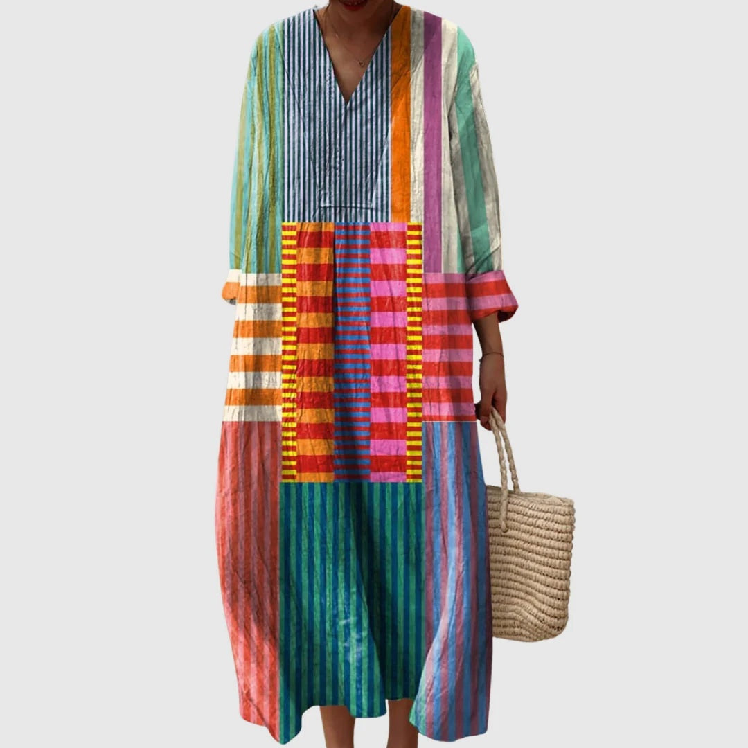 Esther | Vestido Largo de Verano Geométrico Estampado Patchwork Mujer Escote V