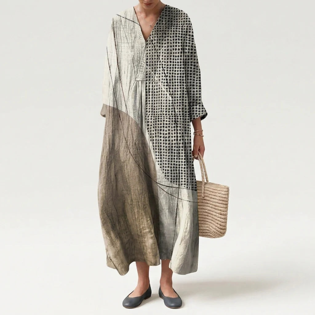 Esther | Vestido Largo de Verano Geométrico Estampado Patchwork Mujer Escote V