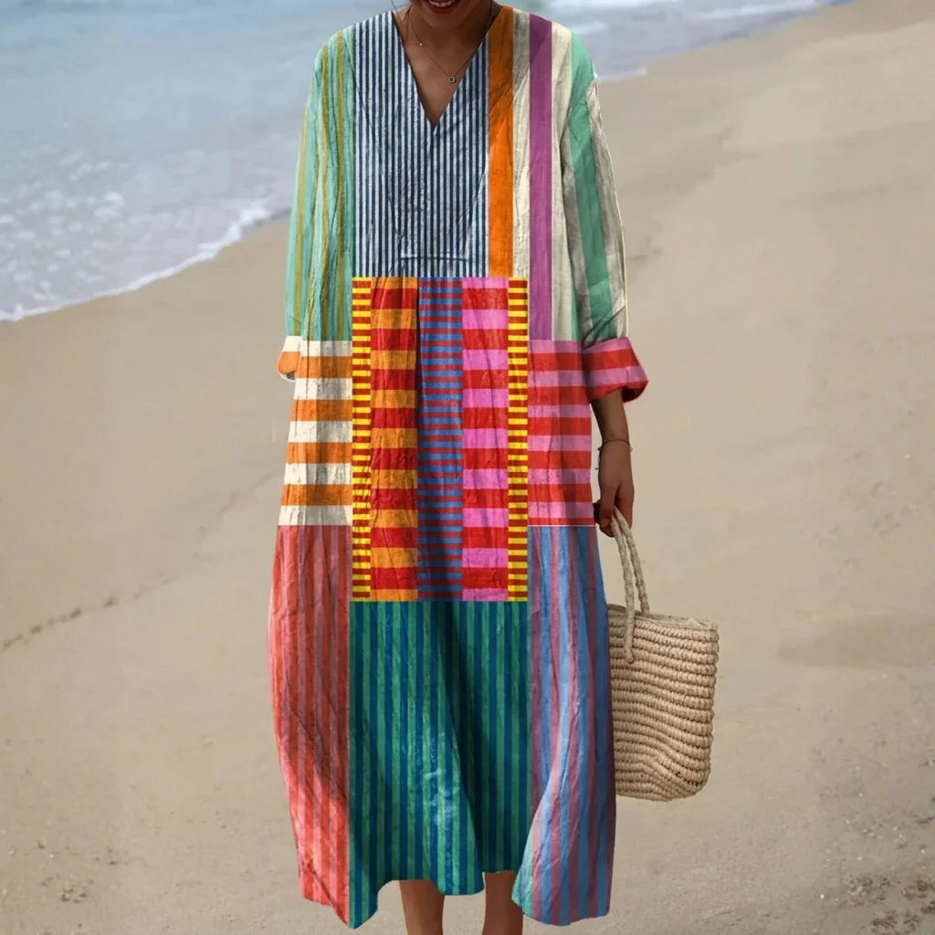 Esther | Vestido Largo de Verano Geométrico Estampado Patchwork Mujer Escote V