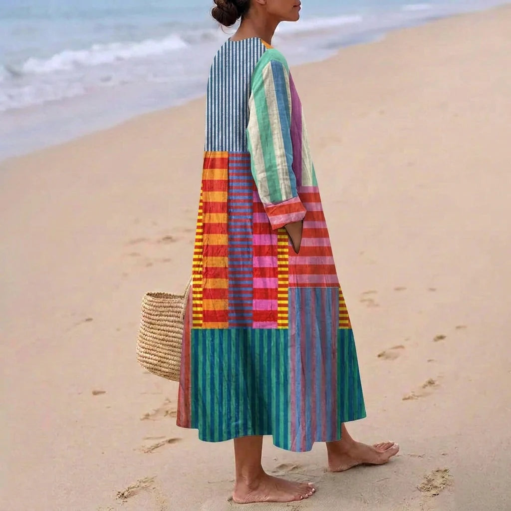 Esther | Vestido Largo de Verano Geométrico Estampado Patchwork Mujer Escote V