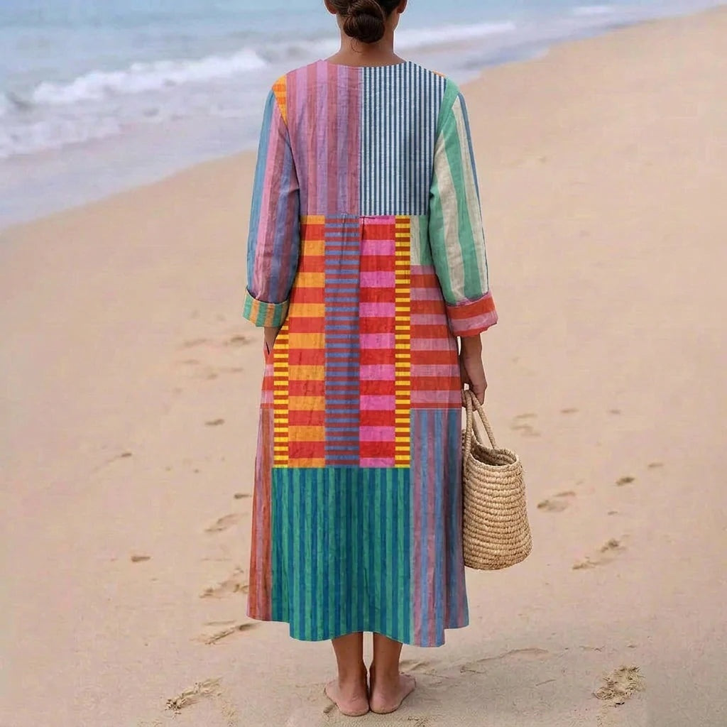 Esther | Vestido Largo de Verano Geométrico Estampado Patchwork Mujer Escote V