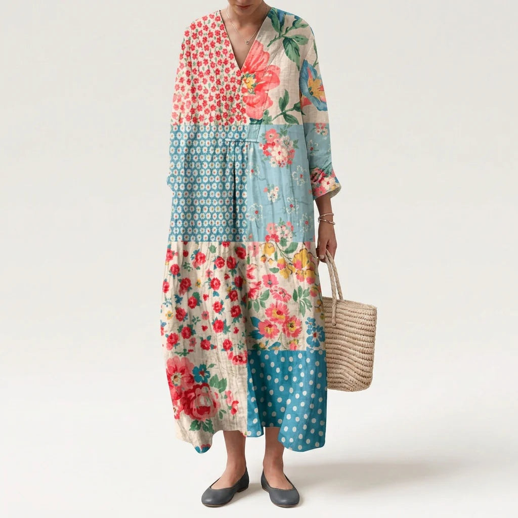 Esther | Vestido Largo de Verano Geométrico Estampado Patchwork Mujer Escote V
