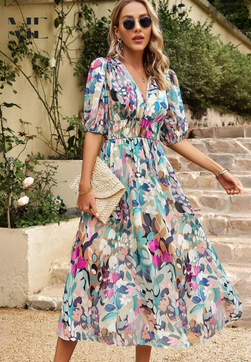 Marisol | Vestido Midi de Invitada Estampado Floral Mujer Escote V