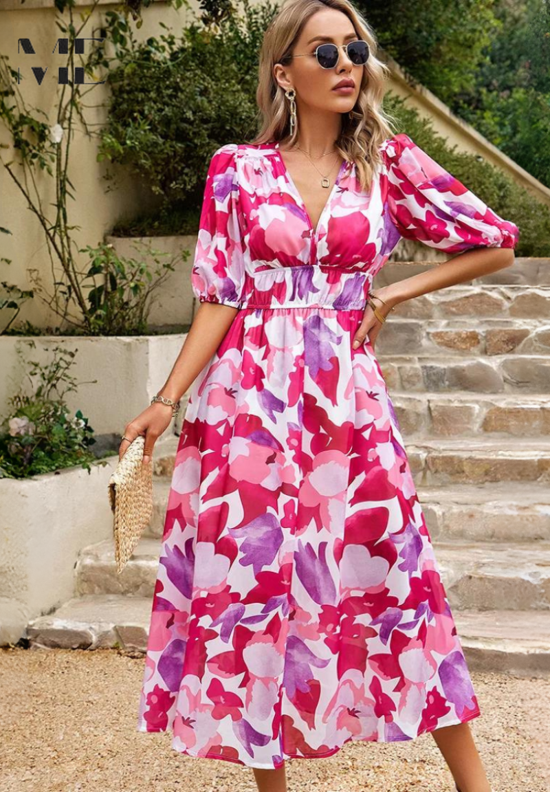 Marisol | Vestido Midi de Invitada Estampado Floral Mujer Escote V