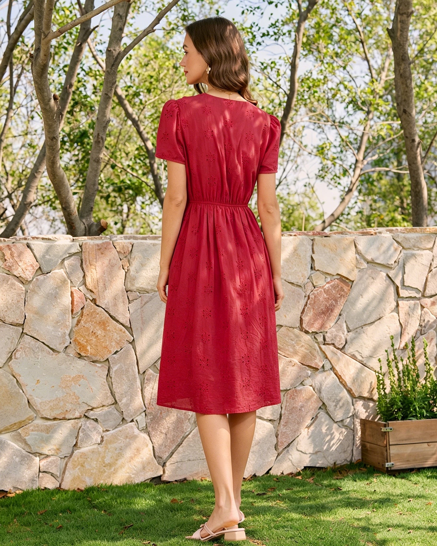 Irene | Vestido Midi de Algodón Rojo Mujer Escote V Bordado