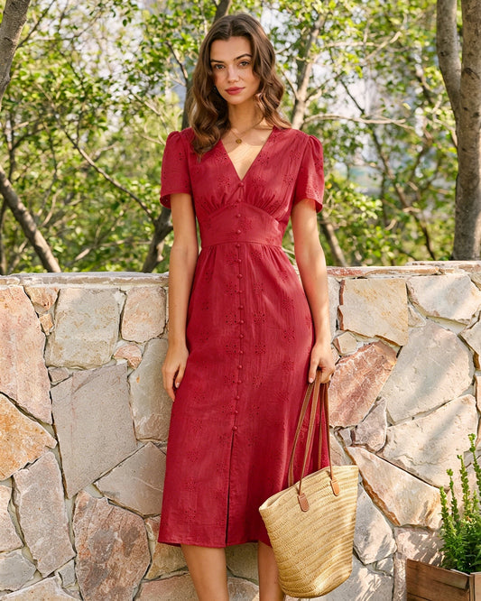 Irene | Vestido Midi de Algodón Rojo Mujer Escote V Bordado