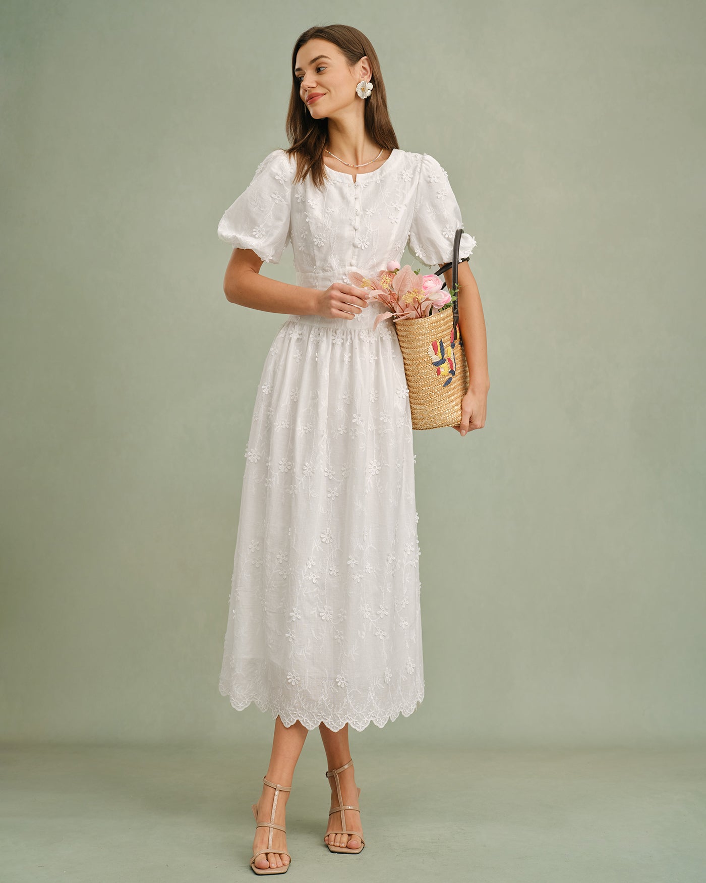 Blanca | Vestido Midi de Algodón Blanco Mujer Cuello Redondo Bordado