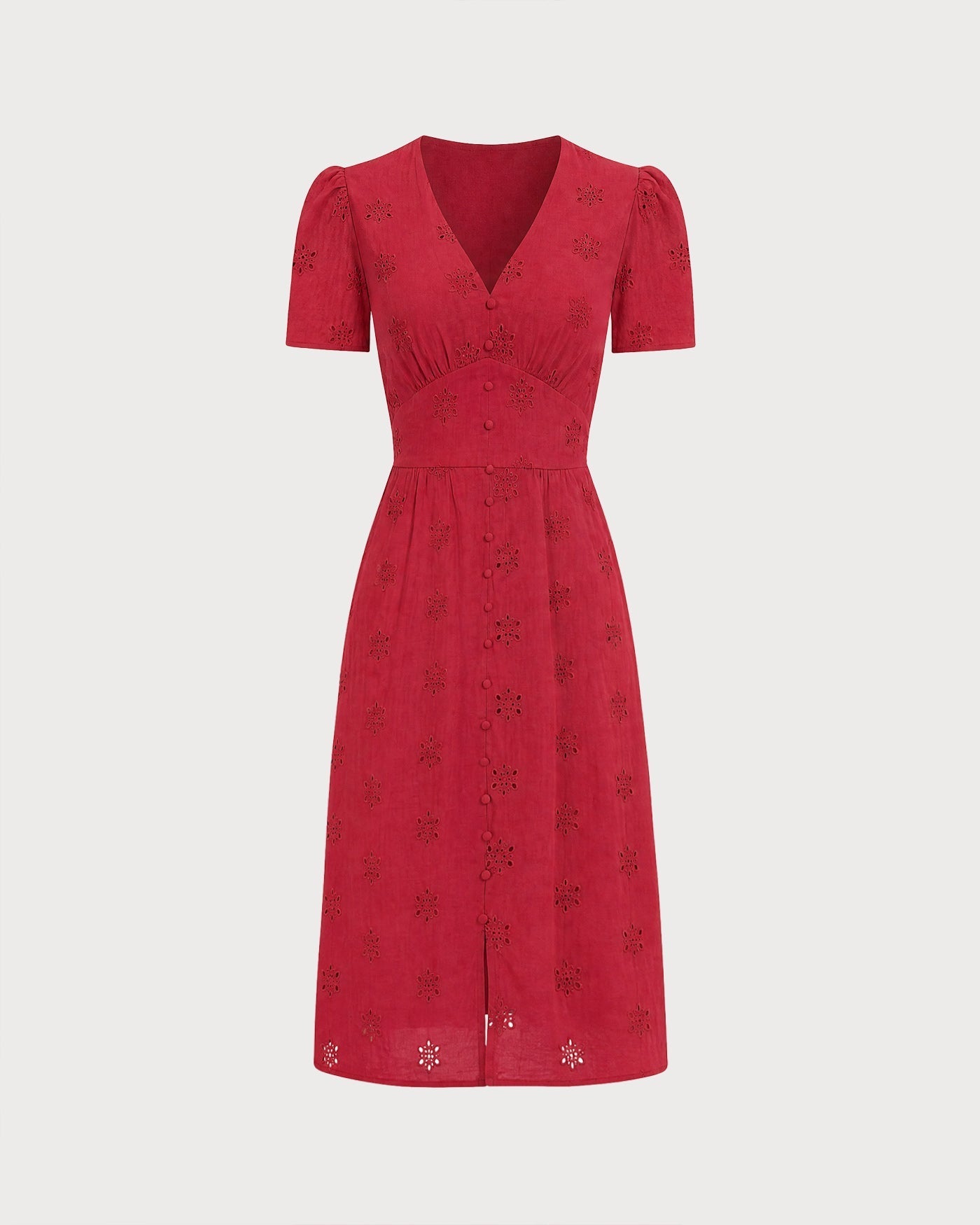 Irene | Vestido Midi de Algodón Rojo Mujer Escote V Bordado