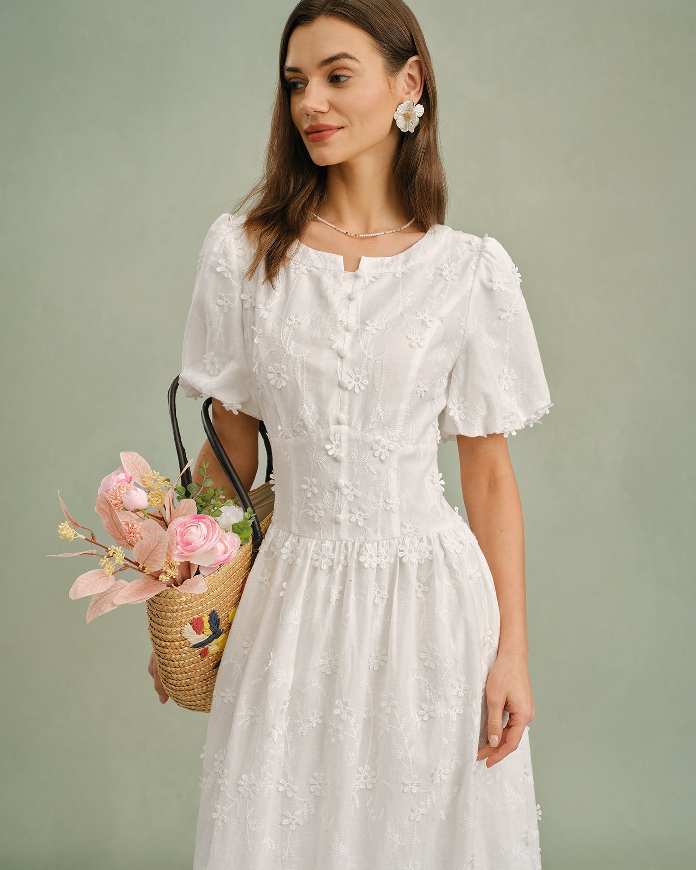 Blanca | Vestido Midi de Algodón Blanco Mujer Cuello Redondo Bordado