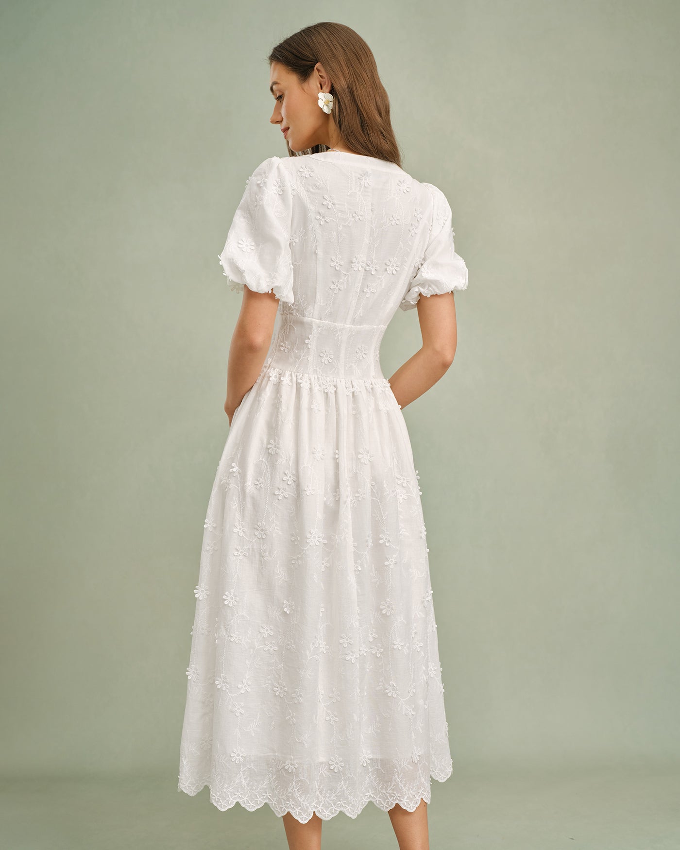 Blanca | Vestido Midi de Algodón Blanco Mujer Cuello Redondo Bordado