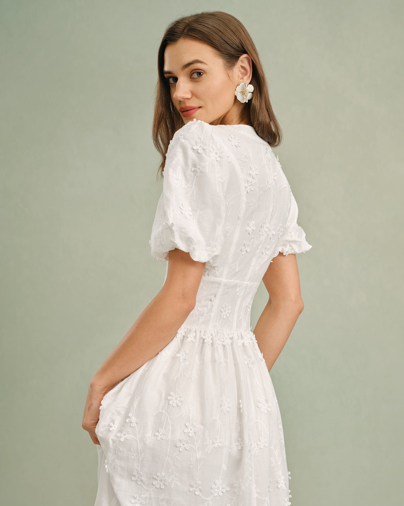 Blanca | Vestido Midi de Algodón Blanco Mujer Cuello Redondo Bordado