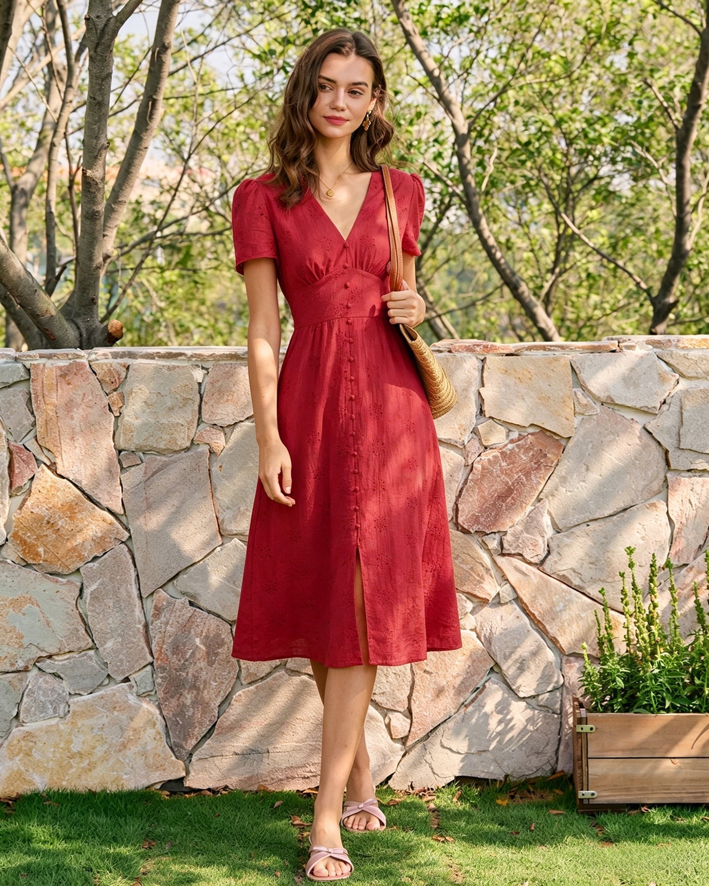 Irene | Vestido Midi de Algodón Rojo Mujer Escote V Bordado