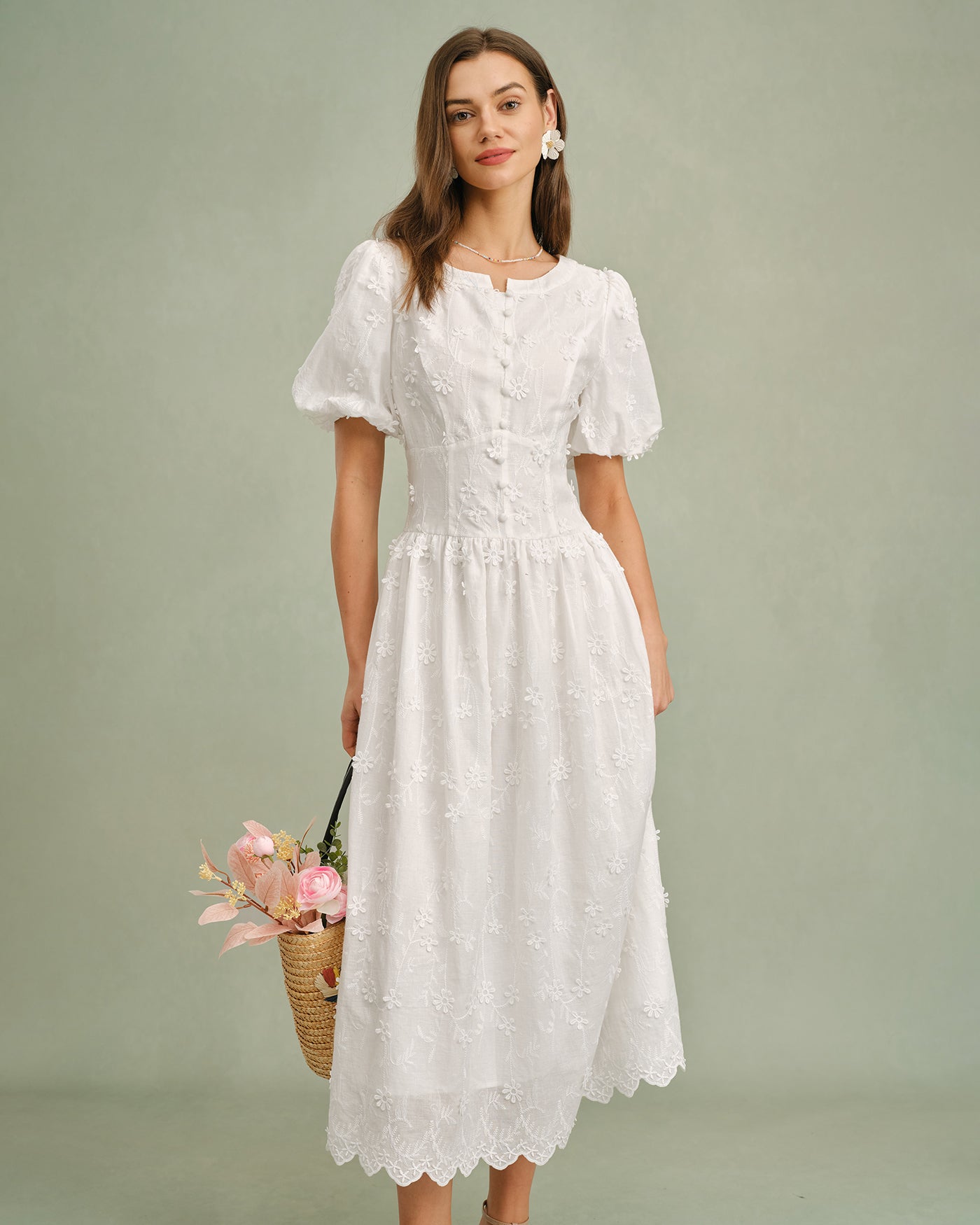 Blanca | Vestido Midi de Algodón Blanco Mujer Cuello Redondo Bordado