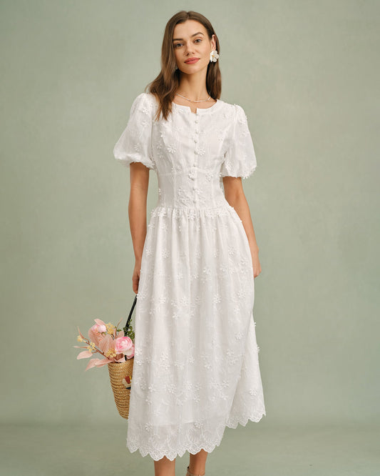 Blanca | Vestido Midi de Algodón Blanco Mujer Cuello Redondo Bordado