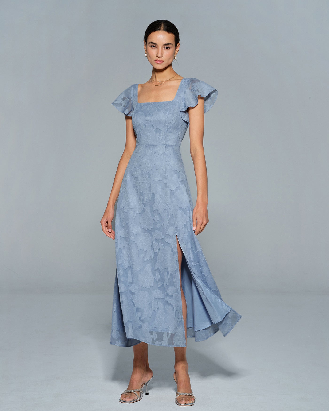 Teresa | Vestido Midi de Jacquard Floral Azul Mujer Escote Cuadrado