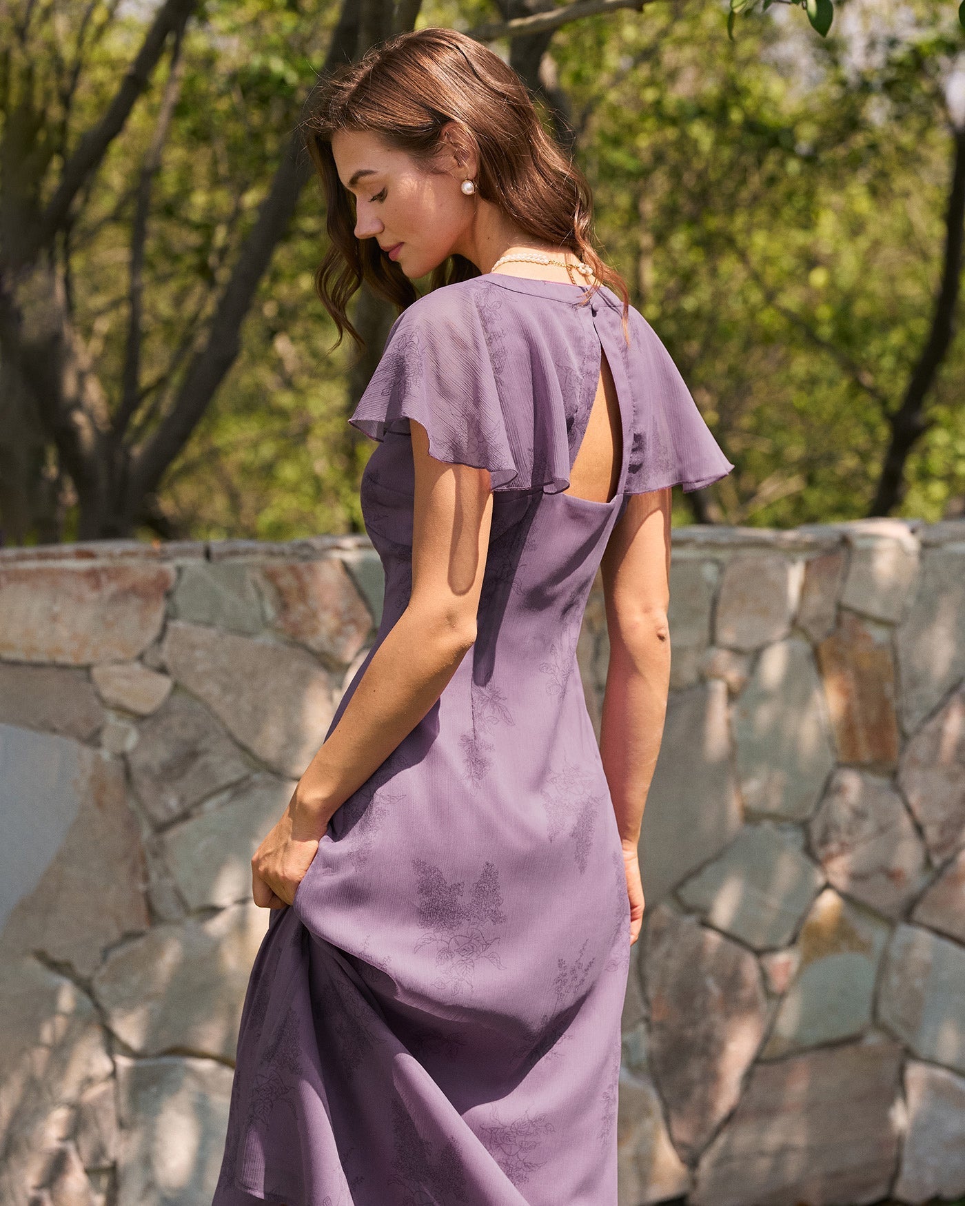 Alba | Vestido Midi Floral Malva Mujer Escote V Manga Mariposa