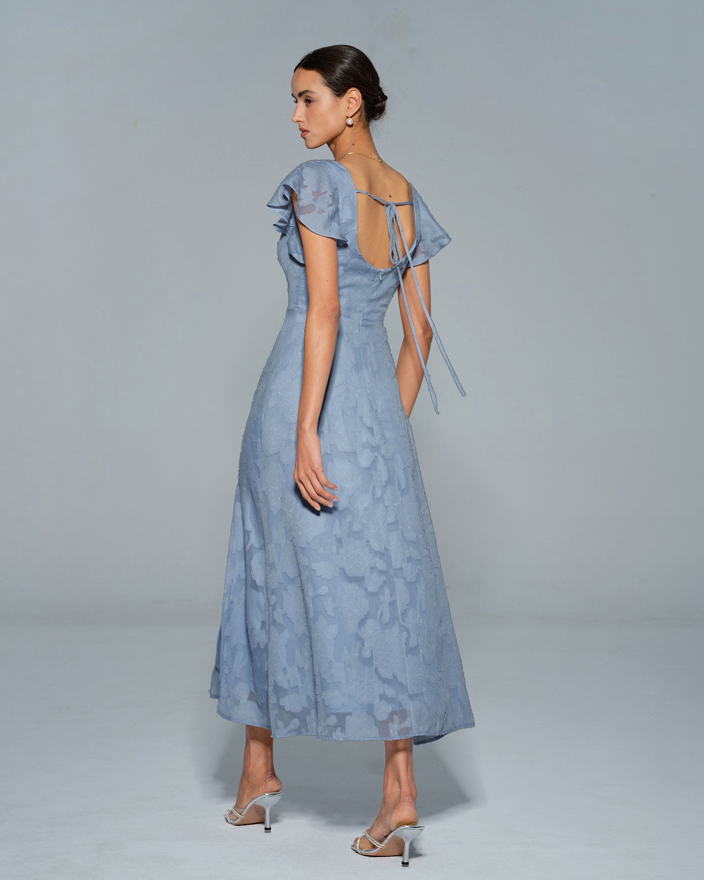 Teresa | Vestido Midi de Jacquard Floral Azul Mujer Escote Cuadrado