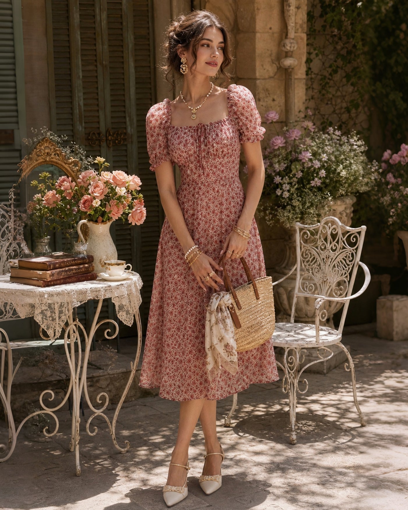 Nieves | Vestido Midi de Gasa Floral Rosa Mujer Escote Cuadrado