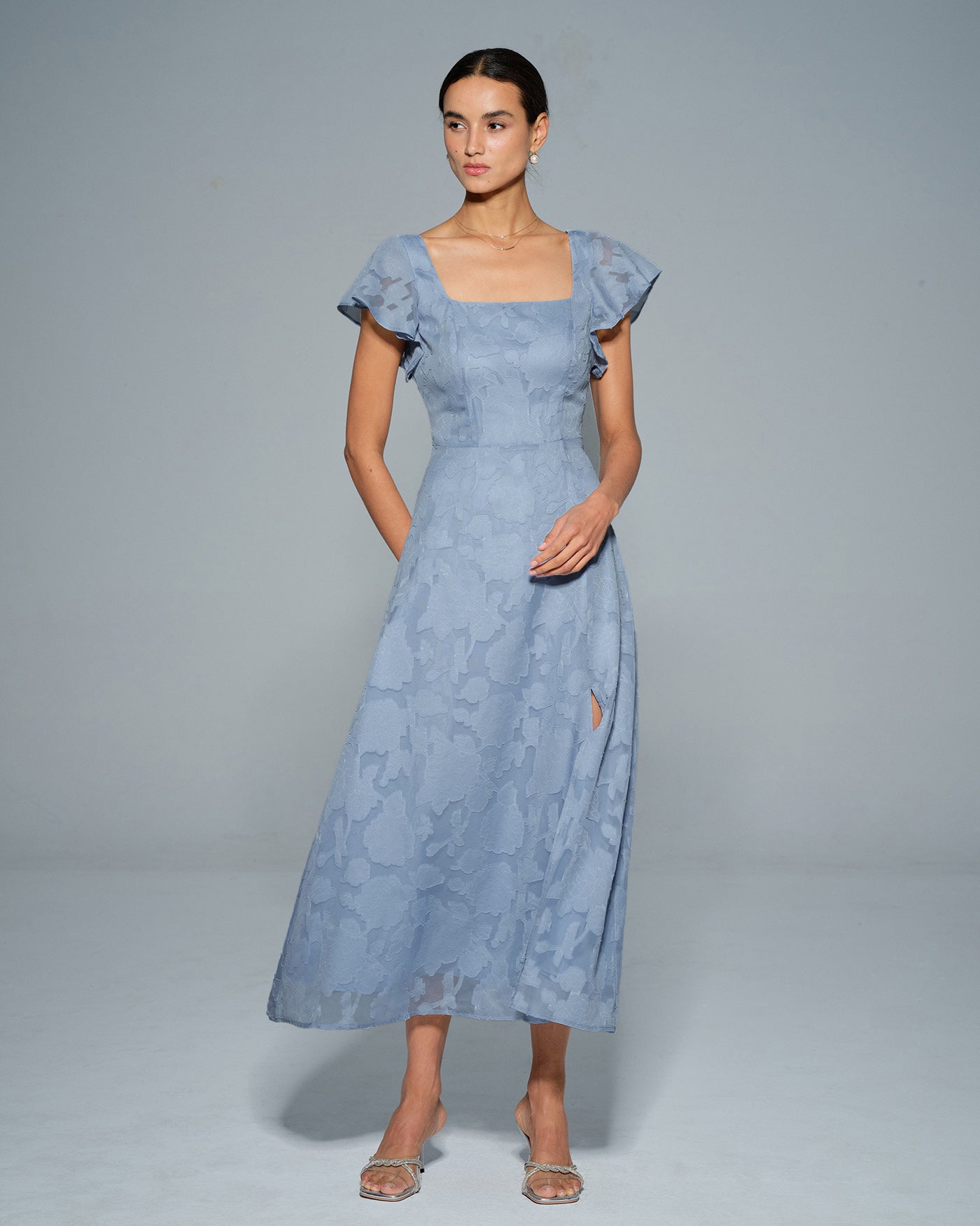Teresa | Vestido Midi de Jacquard Floral Azul Mujer Escote Cuadrado
