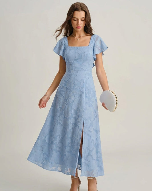 Teresa | Vestido Midi de Jacquard Floral Azul Mujer Escote Cuadrado
