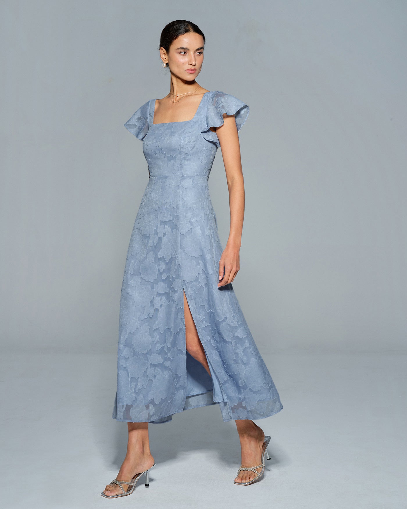 Teresa | Vestido Midi de Jacquard Floral Azul Mujer Escote Cuadrado