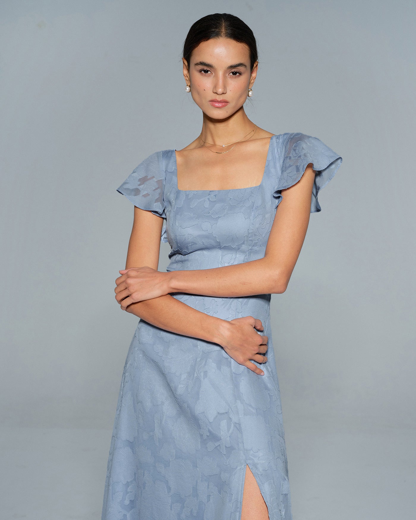Teresa | Vestido Midi de Jacquard Floral Azul Mujer Escote Cuadrado