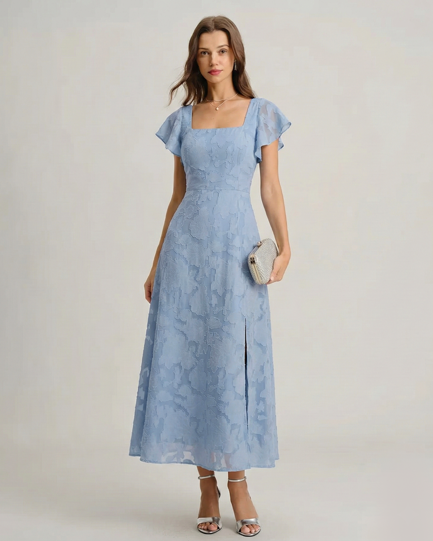 Teresa | Vestido Midi de Jacquard Floral Azul Mujer Escote Cuadrado