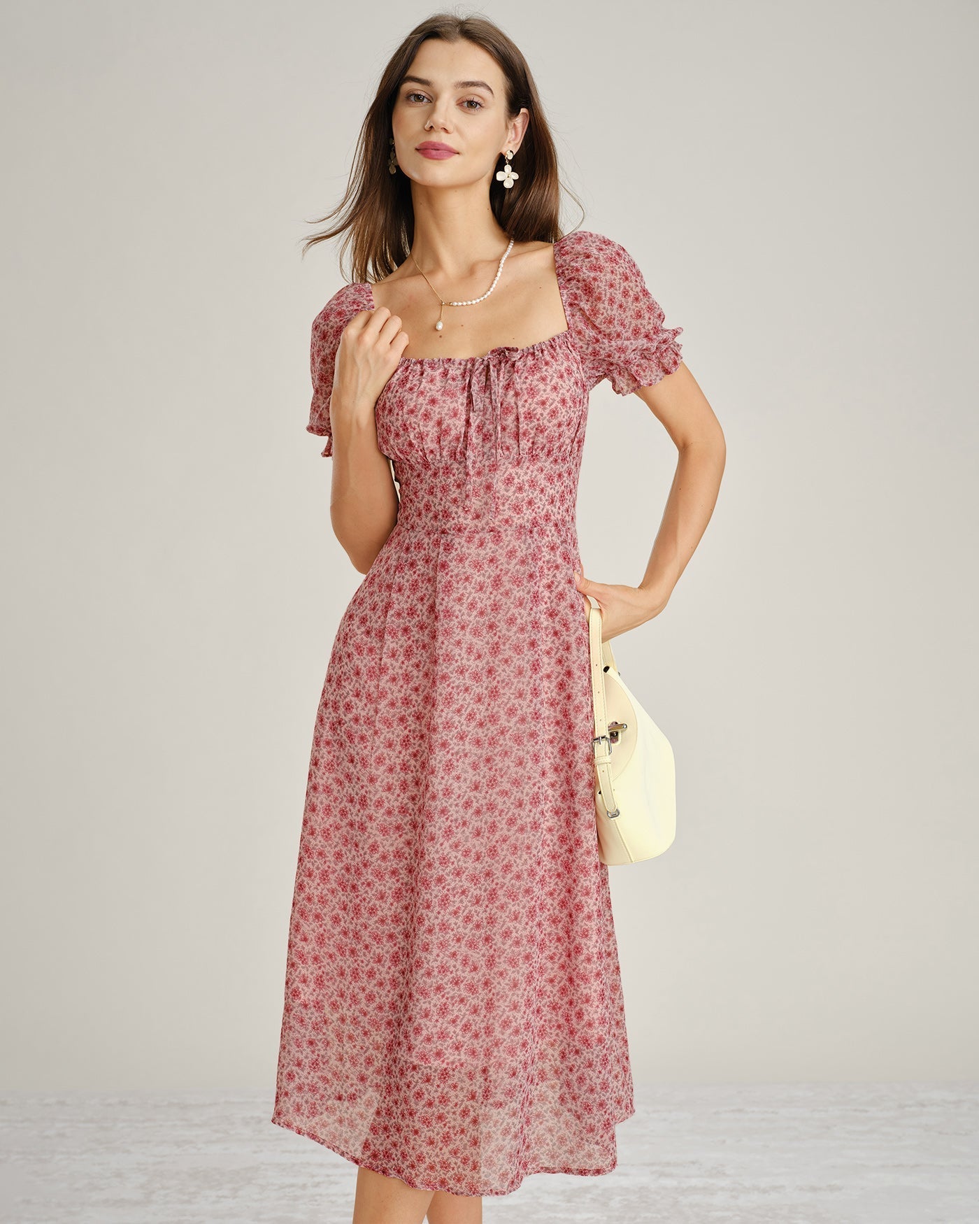 Nieves | Vestido Midi de Gasa Floral Rosa Mujer Escote Cuadrado