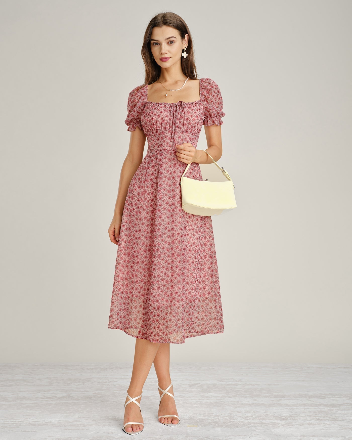 Nieves | Vestido Midi de Gasa Floral Rosa Mujer Escote Cuadrado