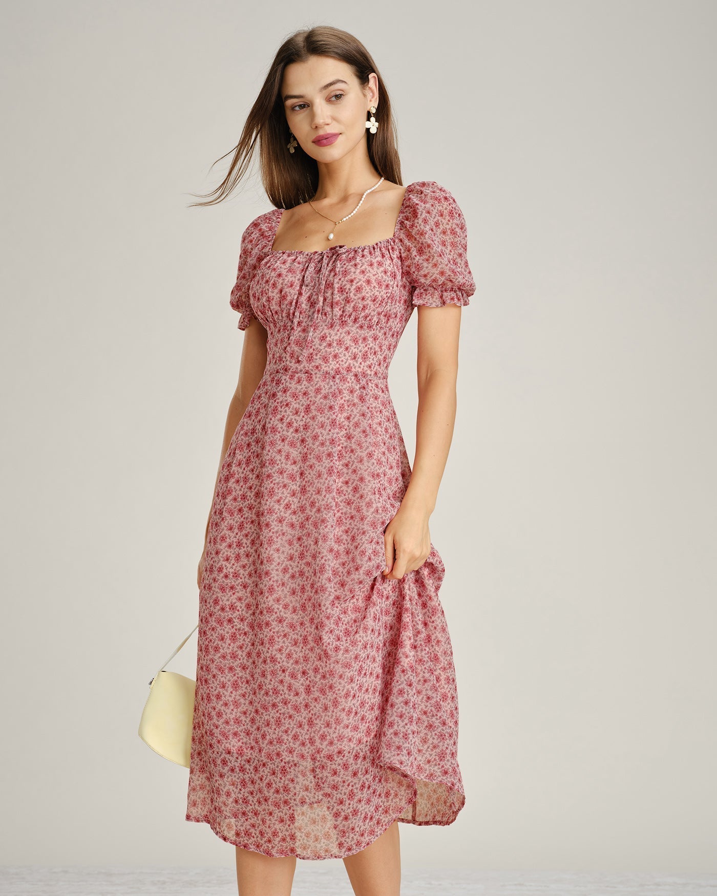 Nieves | Vestido Midi de Gasa Floral Rosa Mujer Escote Cuadrado
